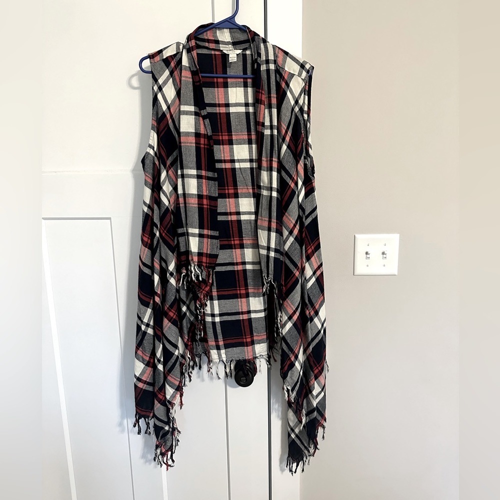 Sleeveless Plaid Asymmetrical Hem Tassel Drape Open Front Vest 18/20 NWOT